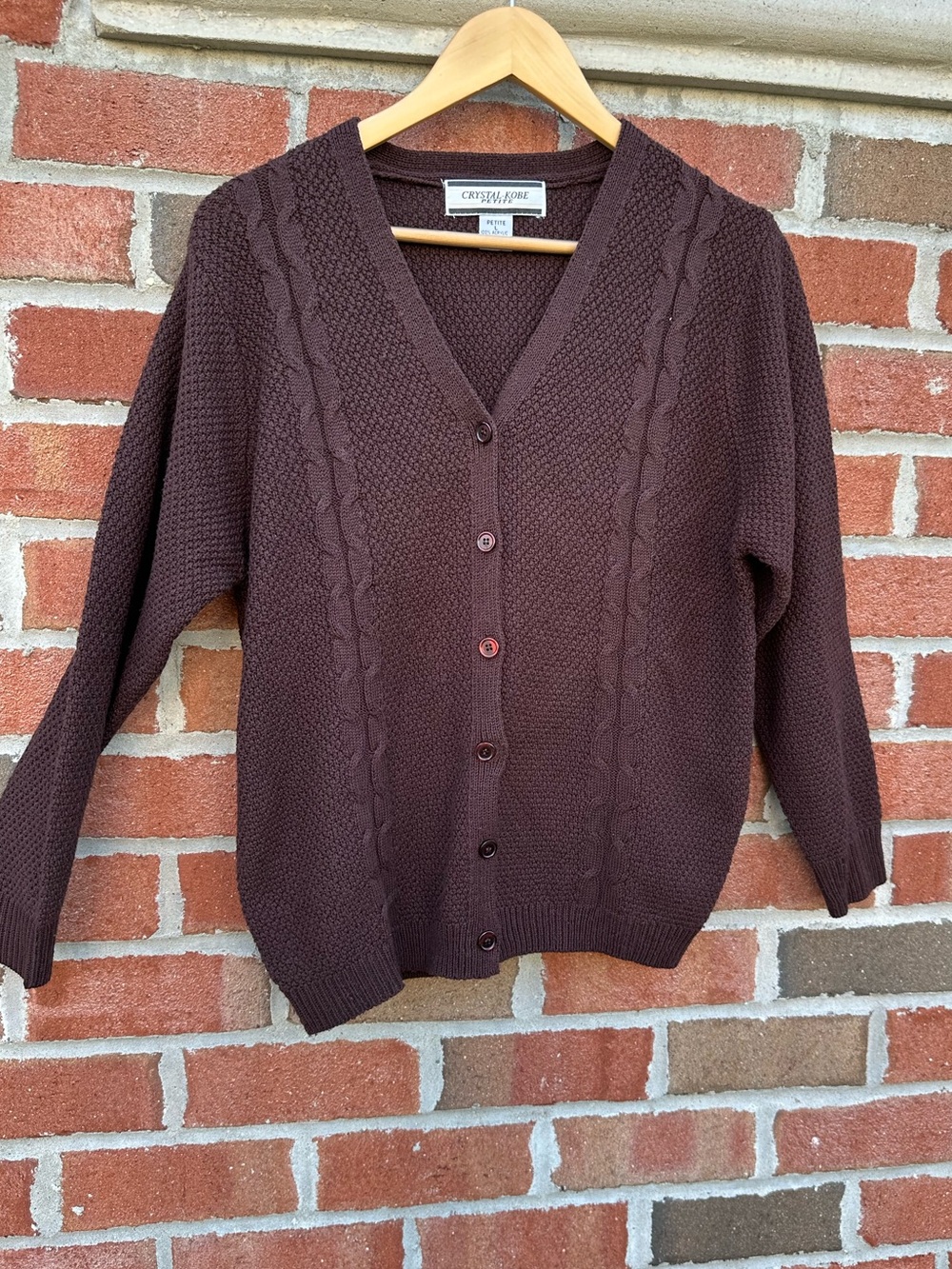 Crystal Kobe Petite Cable Knit V-Neck Cardigan  Brown Acrylic Womens Size L